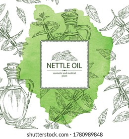 Watercolor background with nettle and bottle of nettle oil. Vector hand drawn illustration