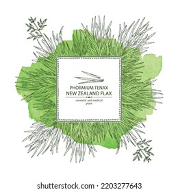 Watercolor background with new zealand flax: phormium tenax plant and new zealand flax leaves. Phormium tenax. Cosmetic, perfumery and medical plant. Vector hand drawn illustrat