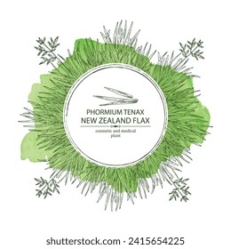 Watercolor background with new zealand flax: phormium tenax plant and new zealand flax leaves. Phormium tenax. Cosmetic, perfumery and medical plant. Vector hand drawn illustrat