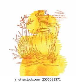 Watercolor background with new zealand flax: phormium tenax plant, new zealand flax leaves and bottle of zealand flax oil. Phormium tenax. Vector hand drawn illustration