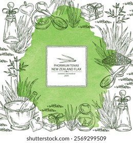 Watercolor background with new zealand flax: phormium tenax plant and new zealand flax leaves. Phormium tenax. Oil, soap and bath salt . Cosmetics and medical plant. Vector hand drawn illustration