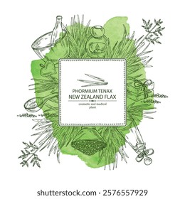 Watercolor background with new zealand flax: phormium tenax plant and new zealand flax leaves. Phormium tenax. Oil, soap and bath salt . Cosmetics and medical plant. Vector hand drawn illustration