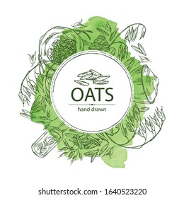 Watercolor background with oats: plate and bag with oats grain and oats plant. Vector hand drawn illustration