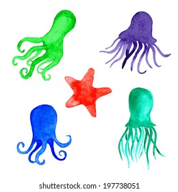 Watercolor background with octopus. Vector. Can be used for wallpaper, background, surface textures, pattern fills, pack, web page.