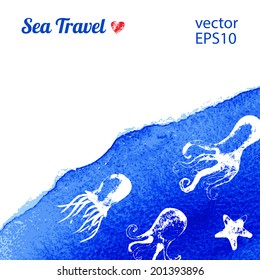 Watercolor background with octopus. Vector. Can be used for wallpaper, background,  pack, web page, banner.