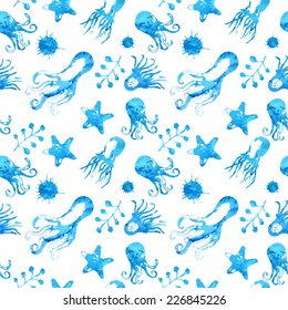 Watercolor background with octopus. Vector. Seamless pattern.  Can be used for wallpaper,  surface textures, fills, pack, web page.
