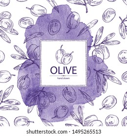 Watercolor background with olive: olives and olive branch. Vector hand drawn illustration.