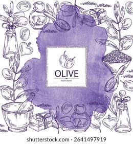 Watercolor background with olive: olives and olive branch. Oil, soap and bath salt . Cosmetics and medical plant. Vector hand drawn
