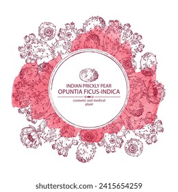 Watercolor background with opuntia ficus-indica: indian prickly pear plant, fruits and indian prickly pear flowers. Opuntia ficus-indica. Cosmetic, perfumery and medical plant. Vector hand