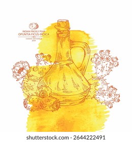 Fundo de aquarela com opuntia ficus-indica: planta de pera espinhosa indiana, frutas, flores de pera espinhosa indiana e garrafa de óleo de opuntia. Opuntia ficus-indica. Ilustração desenhada à mão vetorial.
