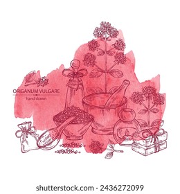Watercolor background with origanum vulgare: origanum vulgare leaves, flowers and plant. Oregano. Oil, soap and bath salt . Cosmetics and medical plant. Vector hand drawn illustration