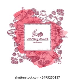 Watercolor background with origanum vulgare: origanum vulgare leaves, flowers and plant. Oregano. Oil, soap and bath salt . Cosmetics and medical plant. Vector hand drawn illustration