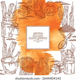 Watercolor background with palo santo: palo santo wood  and palo santo sticks. Bulnesia sarmientoi. Oil, soap and bath salt . Cosmetics and medical plant. Vector