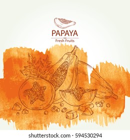 Watercolor background with papaya and papaya slice. Hand drawn.