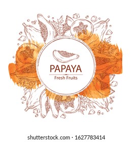 Watercolor background with papaya and papaya slice. Vector hand drawn illustration