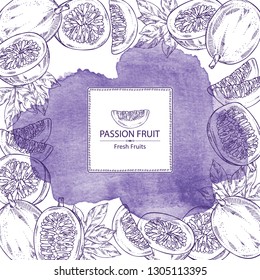 Watercolor background with  passion fruit: fruit, passion slice and leaves. Vector hand drawn illustration