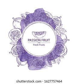 Watercolor background with passion fruit: fruit, passion slice and leaves. Vector hand drawn illustration.