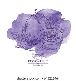 Watercolor background with passion fruit: fruit, passion slice and leaves. Vector hand drawn illustration
