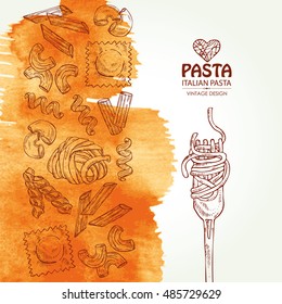 Watercolor background with pasta and folk . hand drawn