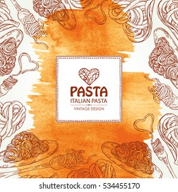 Watercolor background with pasta, fork and plate. hand drawn