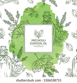 Watercolor background with patchouli and bottle of patchouli essential oil. Cosmetic, perfumery and medical plant. Vector hand drawn illustration.
