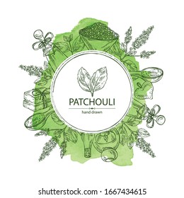 Watercolor background with patchouli: patchouli branch with leaves and flowers, oil, soap and bath salt . Cosmetic and medical plant. Vector hand drawn illustration.