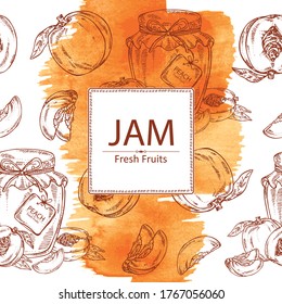 Watercolor background with peach and jar of jam with peach. Vector hand drawn illustration
