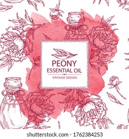 Watercolor background with peony flower and bottle of peony essential oil. Cosmetic, perfumery and medical plant. Vector hand drawn illustration.