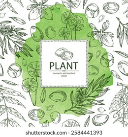 Watercolor background with perfumery and medical plants: argan nuts, gotu kola, neem, tea tree. Vector hand drawn illustration.