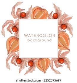 Watercolor background with physalis: plant and fruit. Tomatillo. Superfood.