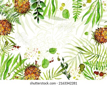 Watercolor background with pineapples and leaves. Vector illustration