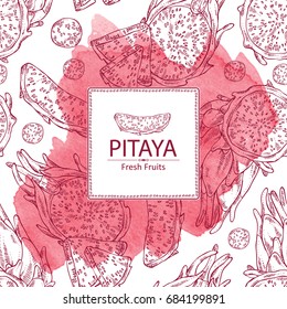 Watercolor background with Pitaya fruit: fruit and pitaya slice. Dragon fruit. Vector set hand drawn illustration