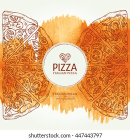 Watercolor background with pizza. hand drawn