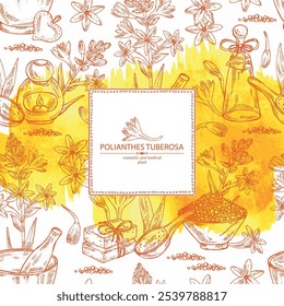 Fundo aquarela com polianthes tuberosa: planta tuberosa, folhas e flores de polianthes tuberosa. Óleo, sabão e sal de banho . Cosméticos e planta médica. Ilustração desenhada à mão vetorial