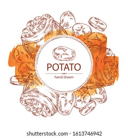 Watercolor background with potatoes and bag with potatoes. Vector hand drawn illustration.