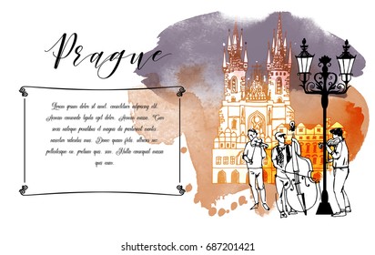 Watercolor background of Prague. Banner design.