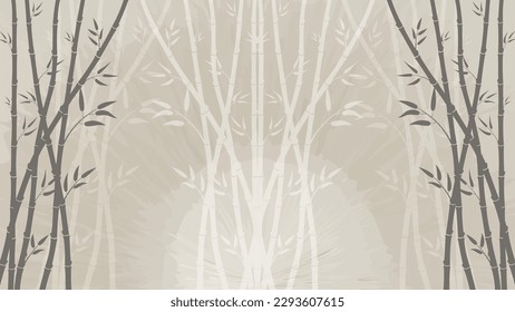 The watercolor background provides a serene and calming setting, with green bamboo in the foreground adding a touch of natural beauty to the scene