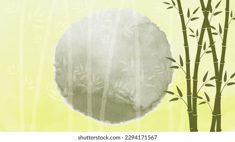 The watercolor background provides a serene and calming setting, with green bamboo in the foreground adding a touch of natural beauty to the scene