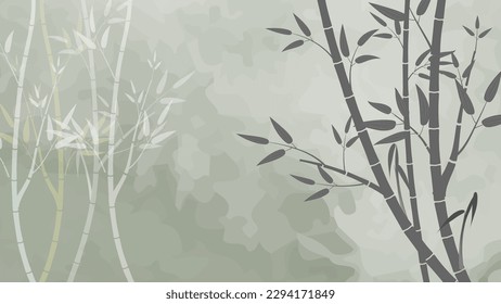 The watercolor background provides a serene and calming setting, with green bamboo in the foreground adding a touch of natural beauty to the scene