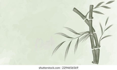 The watercolor background provides a serene and calming setting, with green bamboo in the foreground adding a touch of natural beauty to the scene