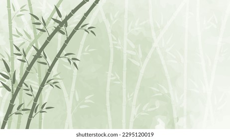 The watercolor background provides a serene and calming setting, with green bamboo in the foreground adding a touch of natural beauty to the scene