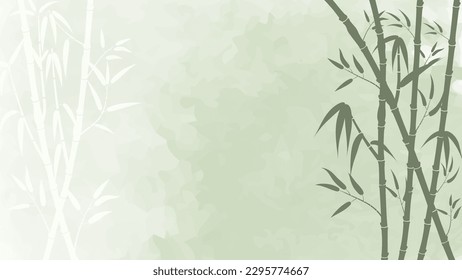 The watercolor background provides a serene and calming setting, with green bamboo in the foreground adding a touch of natural beauty to the scene