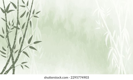 The watercolor background provides a serene and calming setting, with green bamboo in the foreground adding a touch of natural beauty to the scene