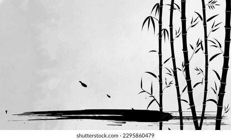 The watercolor background provides a serene and calming setting, with green bamboo in the foreground adding a touch of natural beauty to the scene