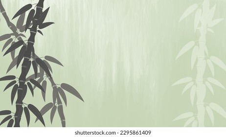 The watercolor background provides a serene and calming setting, with green bamboo in the foreground adding a touch of natural beauty to the scene