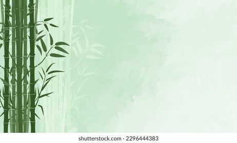 The watercolor background provides a serene and calming setting, with green bamboo in the foreground adding a touch of natural beauty to the scene