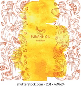 Watercolor background with pumpkin and bottle of pumpkin oil. Vector hand drawn illustration