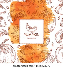 Watercolor background with pumpkin: piece of pumpkin, leaf. Vector hand drawn illustration.