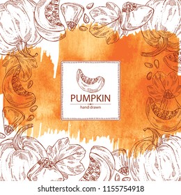 Watercolor background with pumpkin: piece of pumpkin, leaf. Vector hand drawn illustration.
