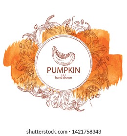 Watercolor background with pumpkin: piece of pumpkin, leaf. Vector hand drawn illustration
